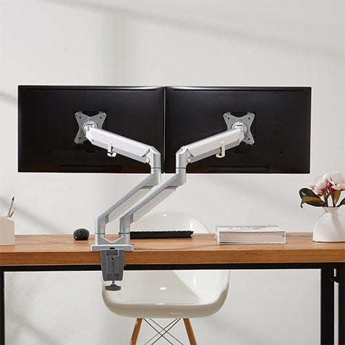 Gloss white gas sprung dual monitor arm