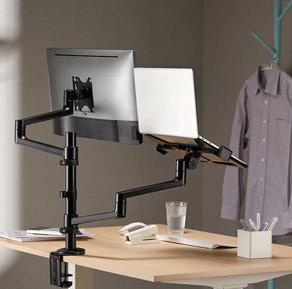 Static pole mounted articulated monitor arm with laptop tray SMMA1065 Black
