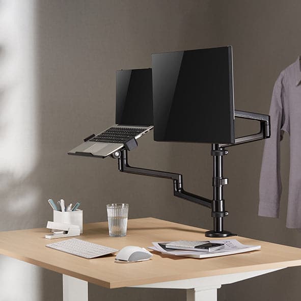 Static pole mounted articulated monitor arm with laptop tray SMMA1065 Black