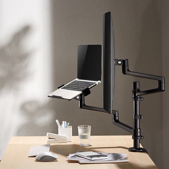 Static pole mounted articulated monitor arm with laptop tray SMMA1065 Black