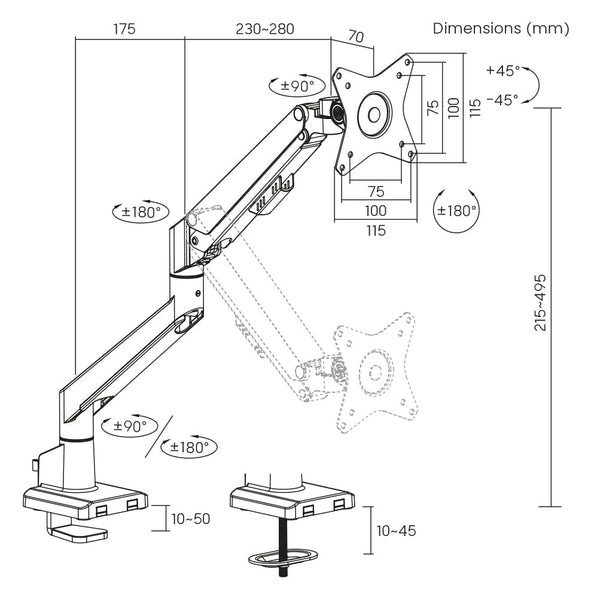 Single monitor arm 9Kg Silver with optional laptop docking