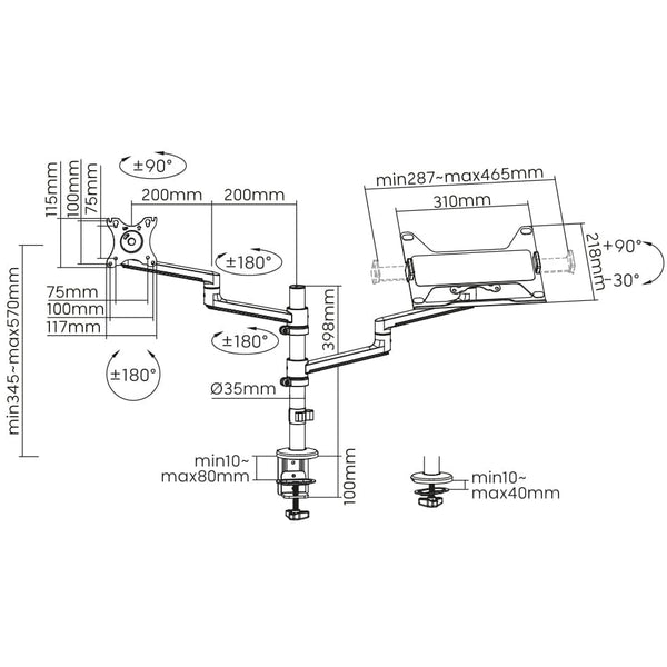 Static pole mounted articulated monitor arm with laptop tray SMMA1065 Black