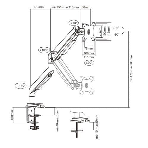 Premium gas sprung monitor arm 8Kg Capacity SMMA1045 Black